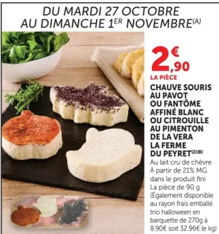 Fromage de chèvre Chauve Souris au pavot, Fantôme affiné blanc ou Citrouille au pimenton de la Vera La Ferme du Peyret