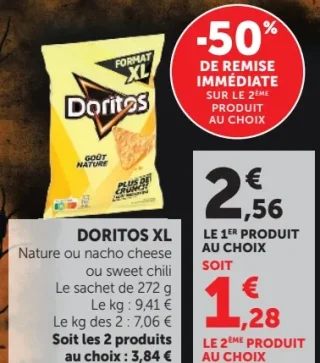 Tortilla chips Doritos XL Nature, nacho cheese ou sweet chili