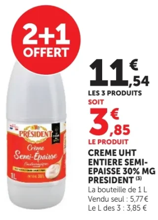 Crème UHT entière semi-épaisse 30% MG Président