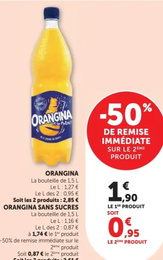 Boisson au jus d'orange Orangina ou Orangina sans sucres