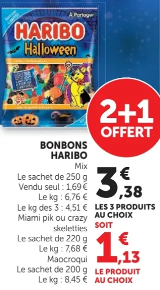 Bonbons Haribo Mix, Miami pik, Crazy skeletties ou Maocroqui