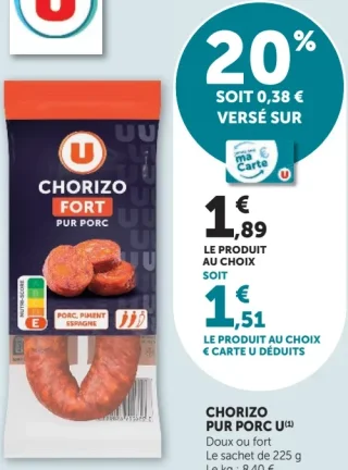CHORIZO PUR PORC U Doux ou fort