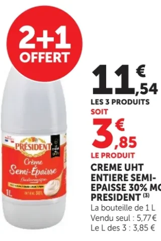 Crème UHT entière semi-épaisseur 30% MG Président