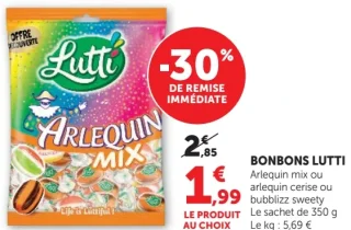 Bonbons Lutti Arlequin mix, arlequin cerise ou bubblizz sweety