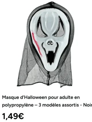 Masque d’Halloween pour adulte en polypropylène – 3 modèles assortis - Noir