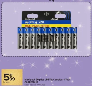 Maxi pack 20 piles LR6/AA Carrefour I-Tech