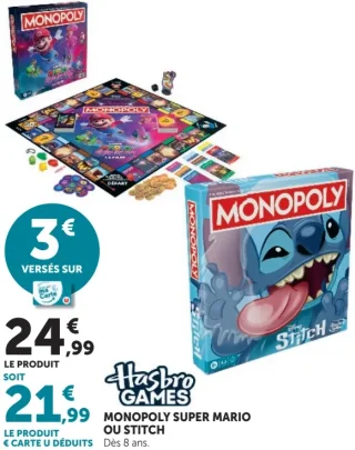 Jeu de société Monopoly Super Mario ou Stitch Hasbro Games