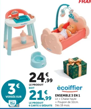 Écoiffier Ensemble 3 en 1 Lit + Chaise haute + Poupon