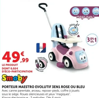 Smoby Porteur Maestro évolutif 3en1 rose ou bleu