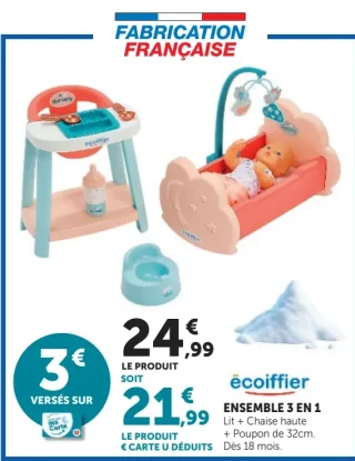 ENSEMBLE 3 EN 1 Lit + Chaise haute + Poupon de 32cm écoiffier