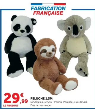 Peluche 1,3m Panda, Paresseux ou Koala