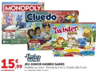 Jeu Junior Hasbro Games (Monopoly 2 en 1, Cluedo ou Twister)