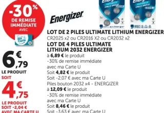 Lot de 2 piles Ultimate Lithium CR2025/CR2016/CR2032 ou 4 piles 2032 Energizer
