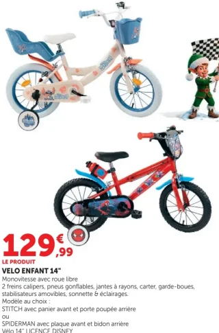 Vélo enfant 14" Stitch ou Spiderman Licence Disney