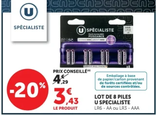 Lot de 8 piles U Spécialiste LR6-AA ou LR3-AAA