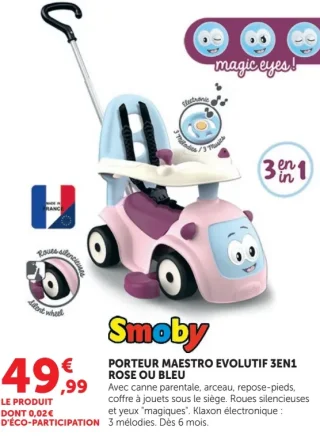 Porteur Maestro évolutif 3en1 rose ou bleu Smoby