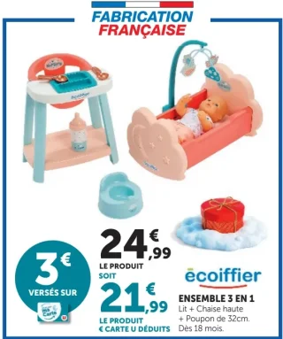 Ensemble 3 en 1 Lit + Chaise haute + Poupon Écoiffier