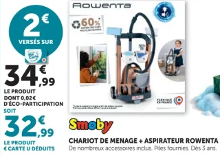 Smoby Chariot de Ménage + Aspirateur Rowenta