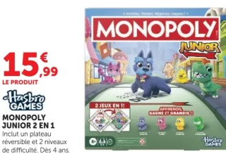 Jeu de plateau Monopoly Junior 2 en 1 Hasbro Games