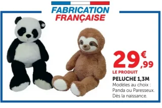 Peluche géante 1,3m Panda ou Paresseux