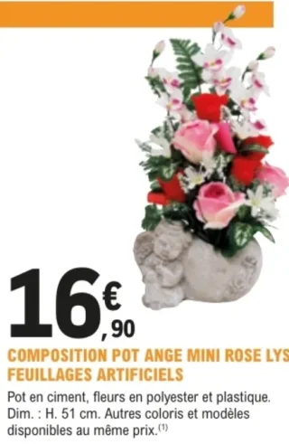 Composition pot ange mini rose lys feuillages artificiels