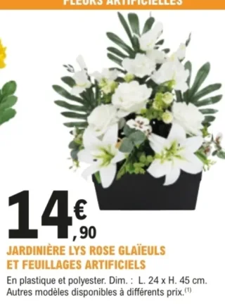 Jardinière lys rose glaïeuls et feuillages artificiels