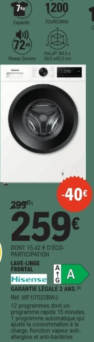 Lave-linge frontal Hisense WF1I7022BWJ