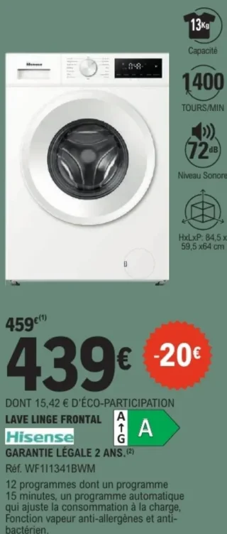 Lave linge frontal Hisense WF11341BWM
