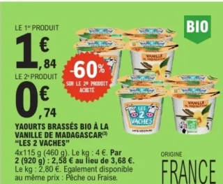 Yaourts brassés Bio à la vanille de Madagascar "Les 2 Vaches"