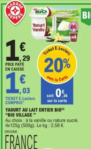 Yaourt au lait entier Bio "Bio Village"