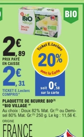 Plaquette de beurre Bio "Bio Village"