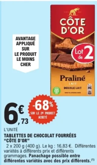 Tablettes de chocolat fourrées Côte d'Or