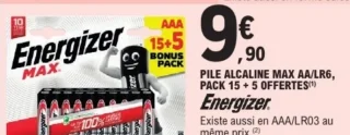 Pile alcaline MAX AA/LR6, pack 15 + 5 offertes Energizer