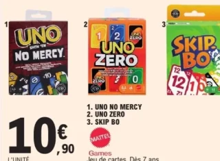 Jeu de cartes Mattel Games (Uno No Mercy, Uno Zero, Skip Bo)
