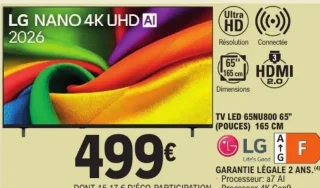 TV LED 65NU800 65" (pouces) 165 cm LG Nano 4K UHD AI