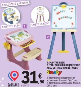 Smoby Pupitre rose ou Tableau bleu double face avec lettres magnétiques