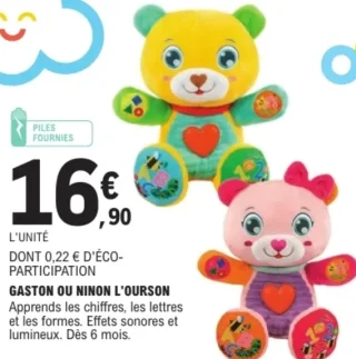 Peluche Gaston ou Ninon l'ourson Baby Clementoni
