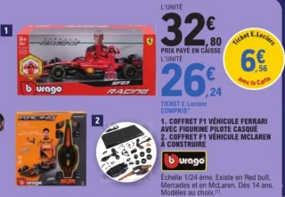 Coffret F1 véhicule Ferrari avec figurine pilote casqué ou Coffret F1 véhicule McLaren à construire Bburago