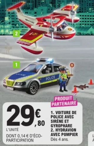 Playmobil Voiture de police avec sirène et girophare / Hydravion avec pompier