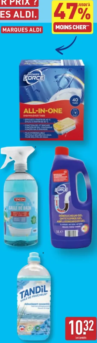Lot de 4 produits Marques ALDI : Power Force, Twido, Tandil