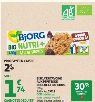Biscuits d'avoine aux pépites de chocolat bio Bjorg