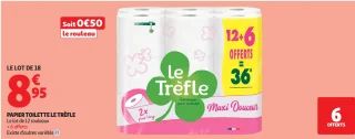 Papier toilette Le Trèfle Maxi Douceur - lot de 12 rouleaux + 6 offerts