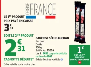 Saucisse sèche Auchan Pur porc Droite