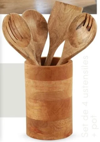 Set de 4 ustensiles + pot en bois