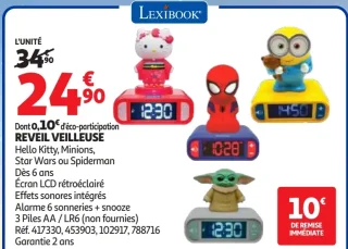 Réveil veilleuse Hello Kitty, Minions, Star Wars ou Spiderman Lexibook