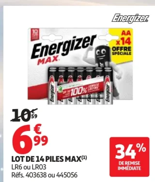 Lot de 14 piles Energizer MAX LR6 ou LR03