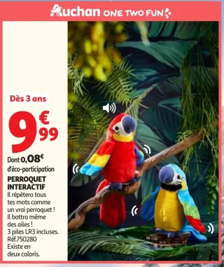 Peluche perroquet interactif Auchan One Two Fun