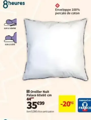 Oreiller Nuit Palace 8heures 60x60 cm