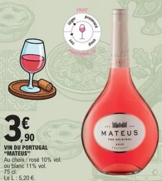 Vin du Portugal rosé ou blanc Mateus