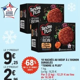 10 Hachés au bœuf à l'oignon surgelés Tendre & Plus